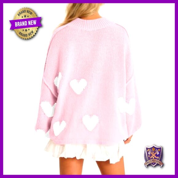 Oversized Heart Sweater Chunky Knit Mock Neck Long Sleeve Tunic Y2K - Picture 5 of 7